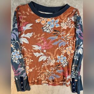 Sundance Brown And Blue Floral Crewneck Henley Velvet Trim PM